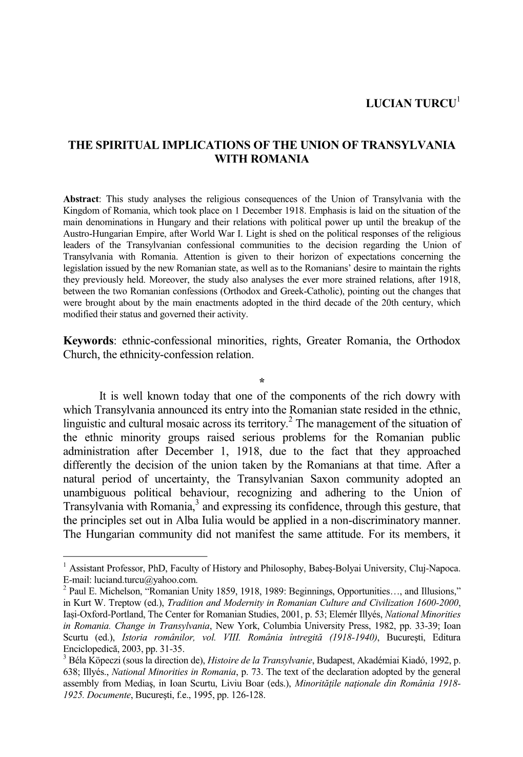 Ethnic-Confessional Minorities, Rights, Greater Romania, the Orthodox Church, the Ethnicity-Confession Relation