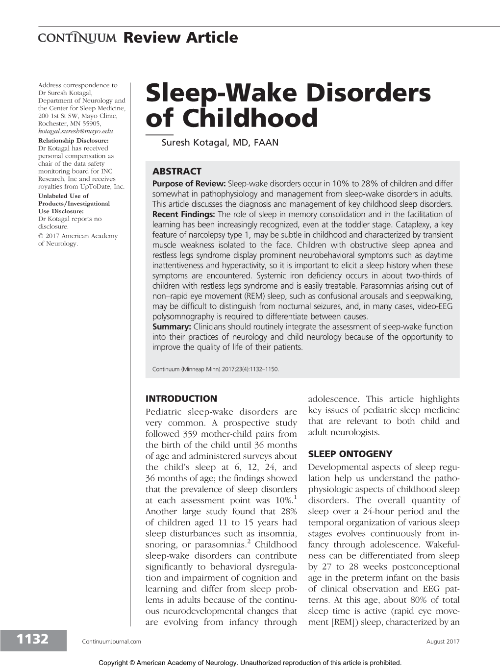 Sleep-Wake Disorders of Childhood