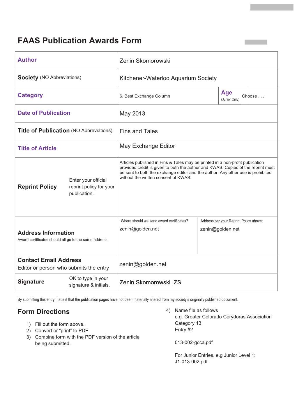 FAAS Publication Awards Form