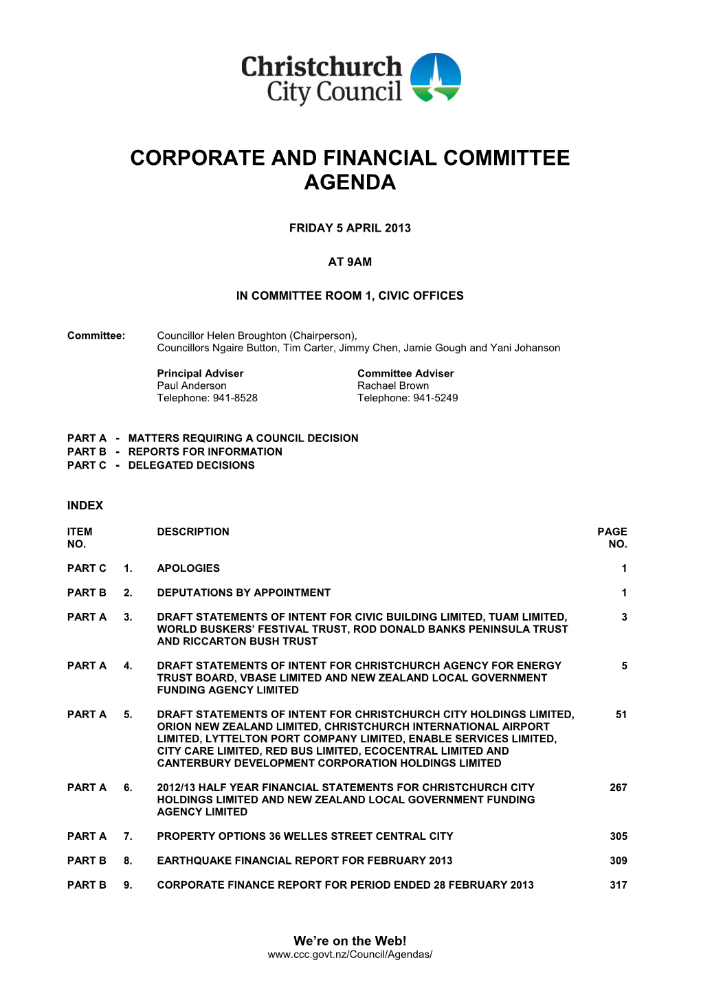 Corporate and Financial Committee Agenda