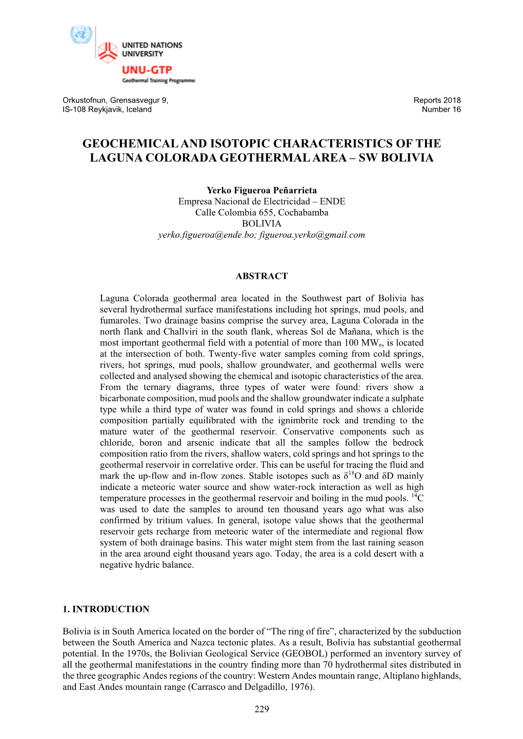 Geochemical and Isotopic Characteristics of the Laguna Colorada Geothermal Area – Sw Bolivia