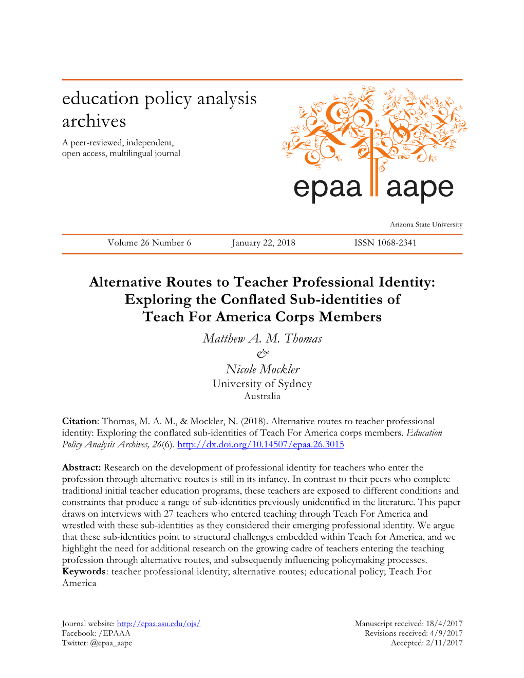 Alternative Routes to Teacher Professional Identity: Exploring the Conflated Sub-Identities of Teach for America Corps Members Matthew A