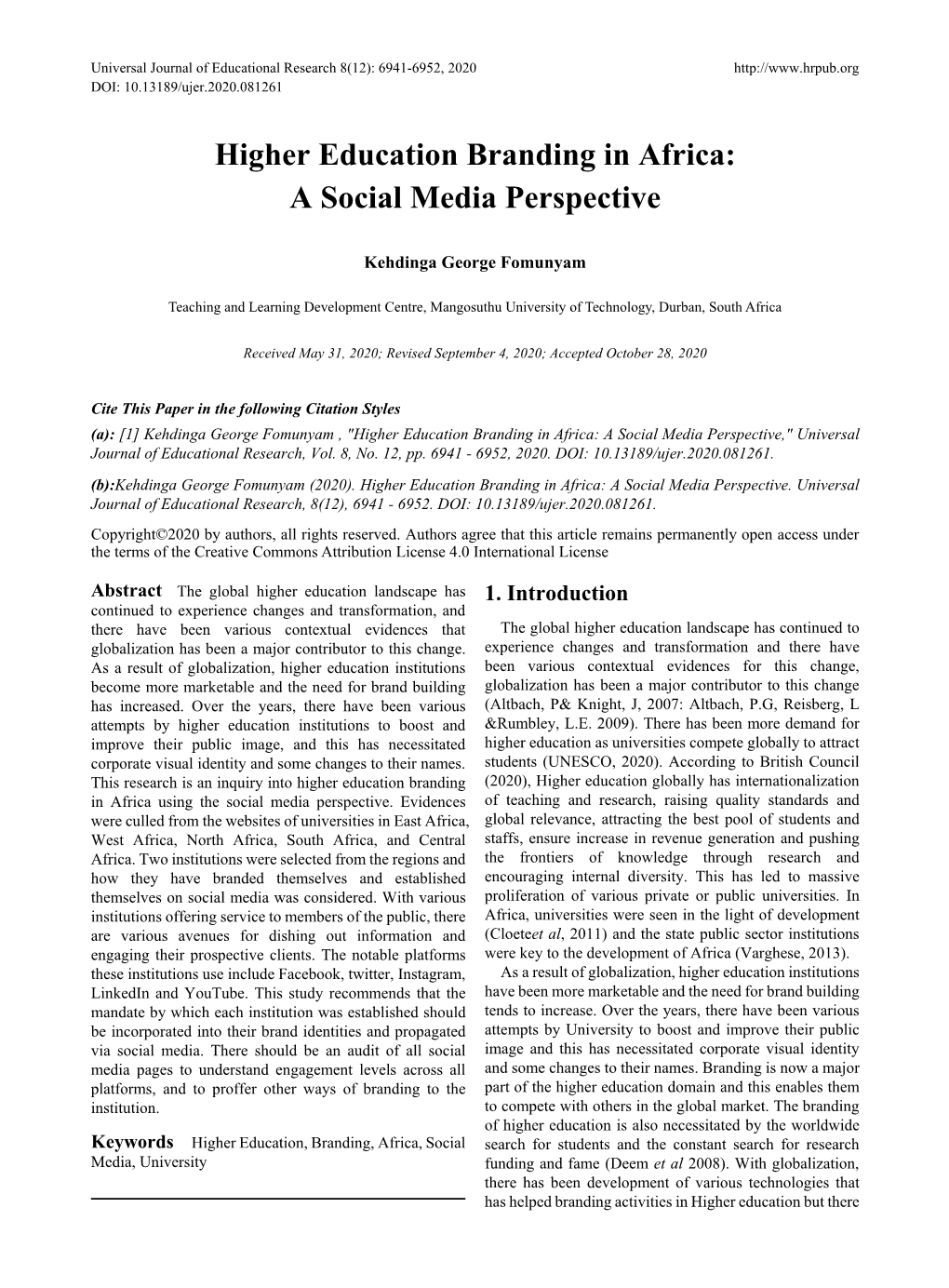 Higher Education Branding in Africa: a Social Media Perspective