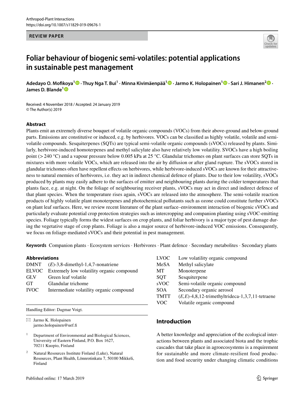 Foliar Behaviour of Biogenic Semi-Volatiles: Potential Applications in Sustainable Pest Management