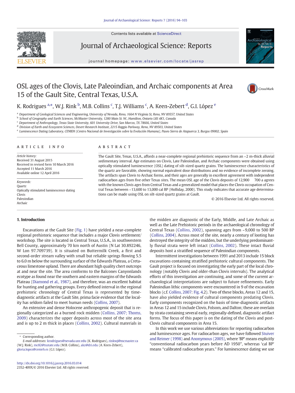 OSL Ages of the Clovis, Late Paleoindian, and Archaic Components at Area 15 of the Gault Site, Central Texas, U.S.A