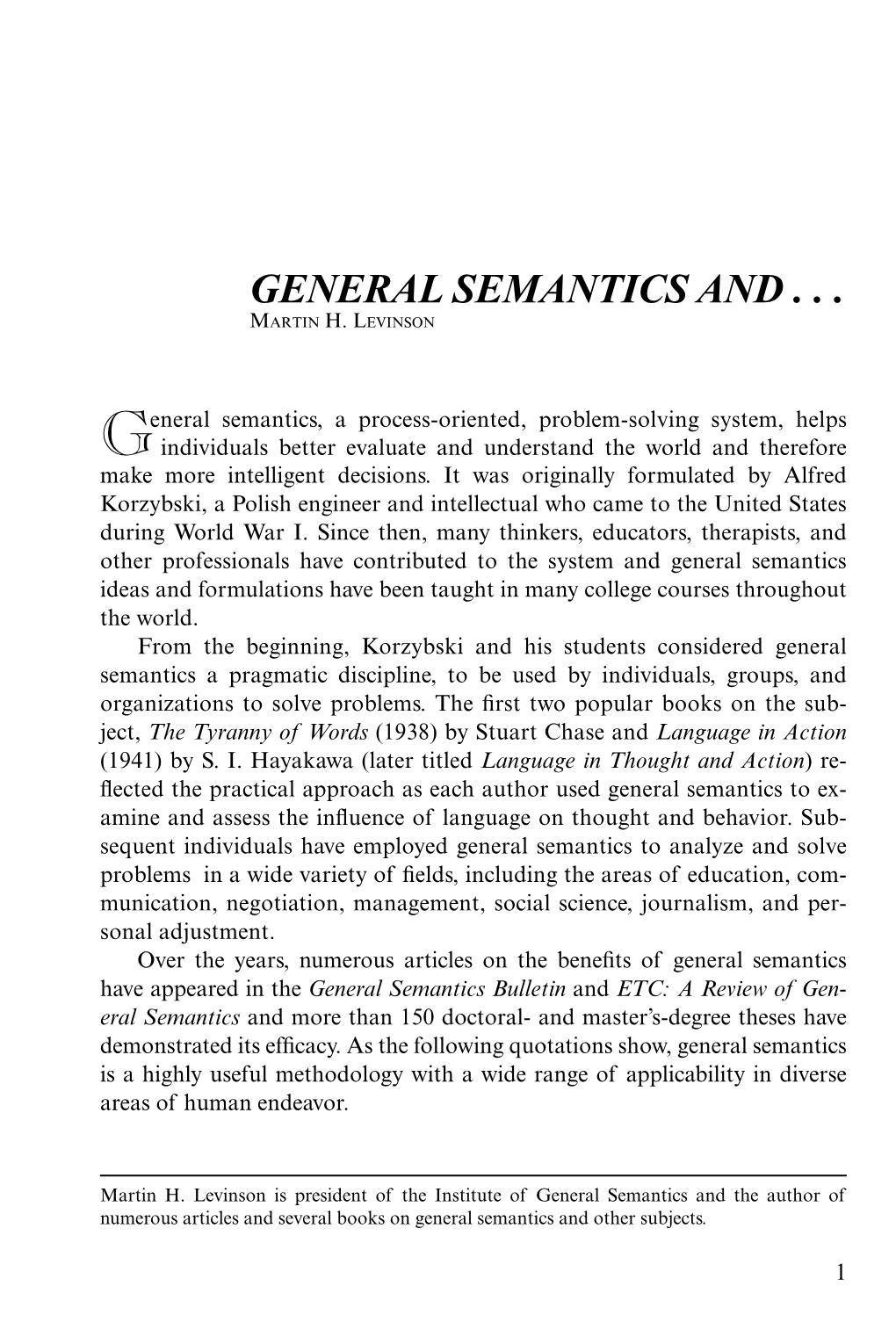 General Semantics And... by Martin H. Levinson