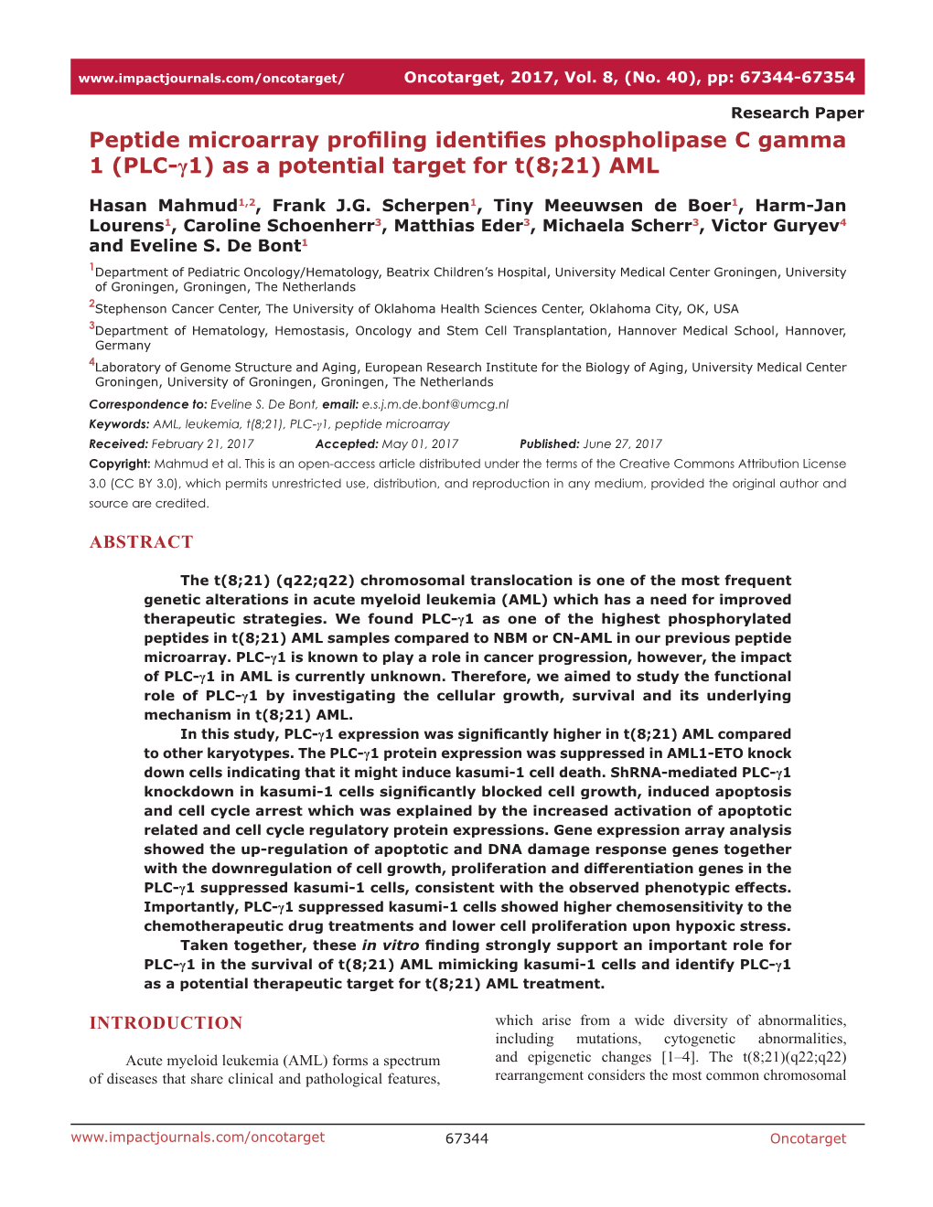 Peptide Microarray Profiling Identifies Phospholipase C Gamma 1 (PLC-Γ1) As a Potential Target for T(8;21) AML