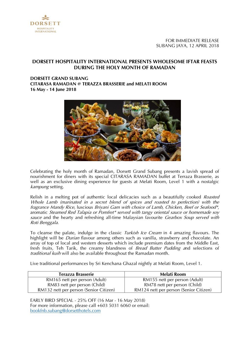 Dorsett Hospitality International Presents Wholesome Iftar Feasts During the Holy Month of Ramadan