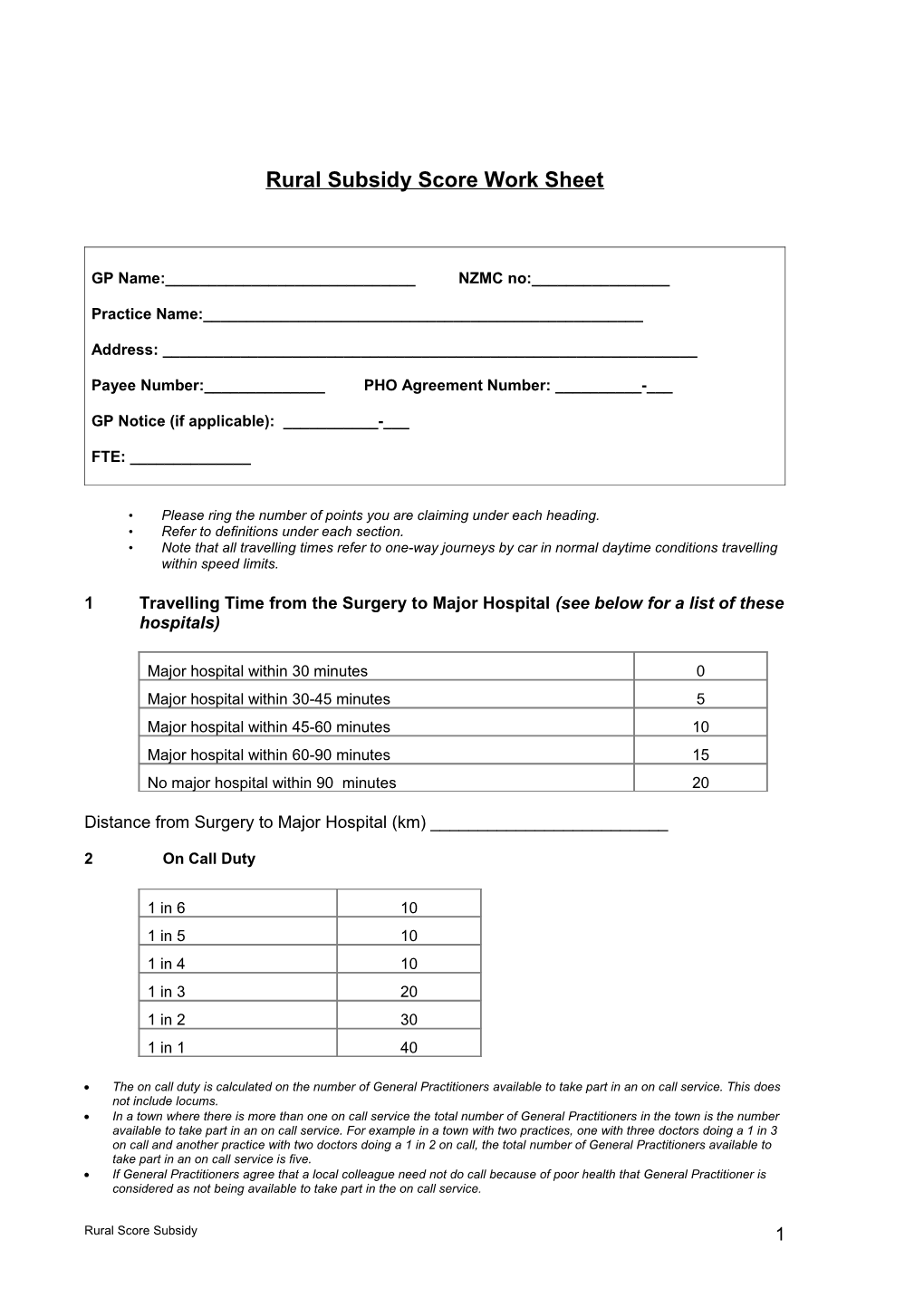 Rural Subsidy Score Work Sheet