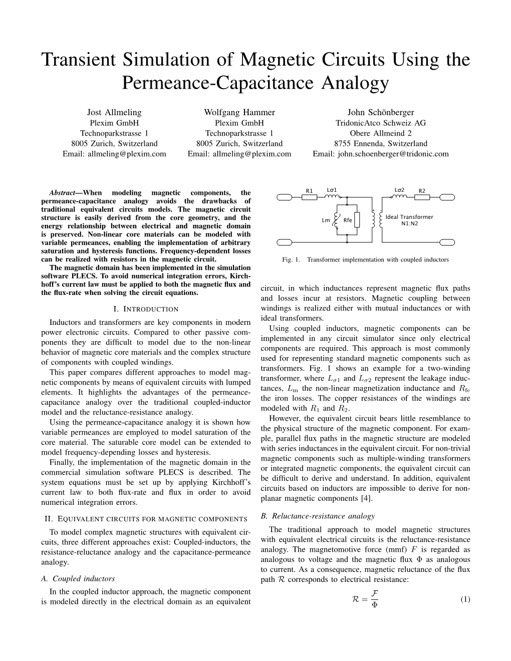 Transient Simulation of Magnetic Circuits Using the Permeance-Capacitance Analogy