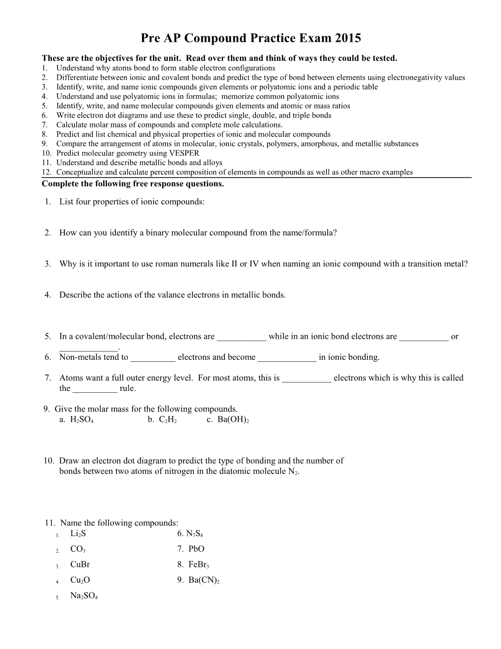 Pre AP Compound Practice Exam 2006