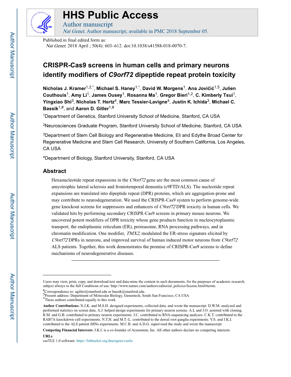 CRISPR-Cas9 Screens in Human Cells and Primary Neurons Identify Modifiers of C9orf72 Dipeptide Repeat Protein Toxicity