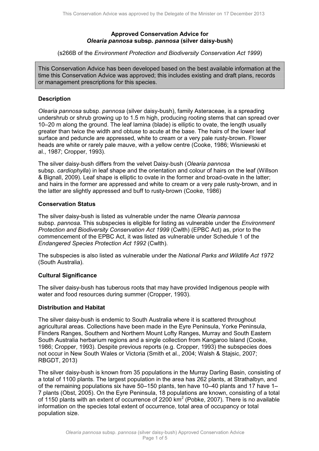 Approved Conservation Advice for Olearia Pannosa Subsp. Pannosa (Silver Daisy-Bush)