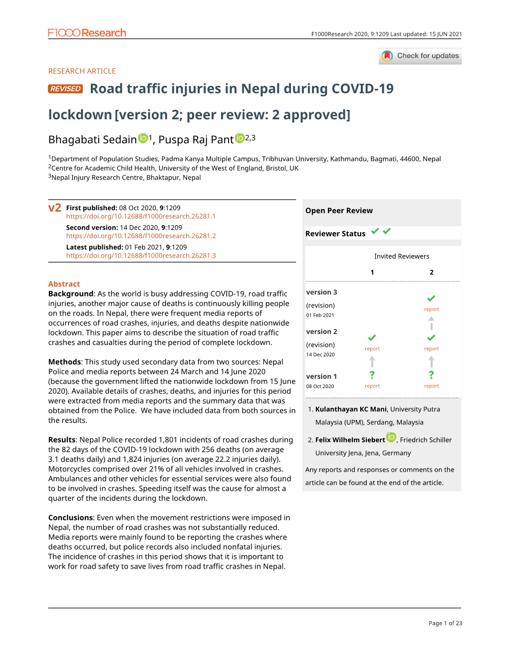 Road Traffic Injuries in Nepal During COVID-19 Lockdown[Version 2; Peer
