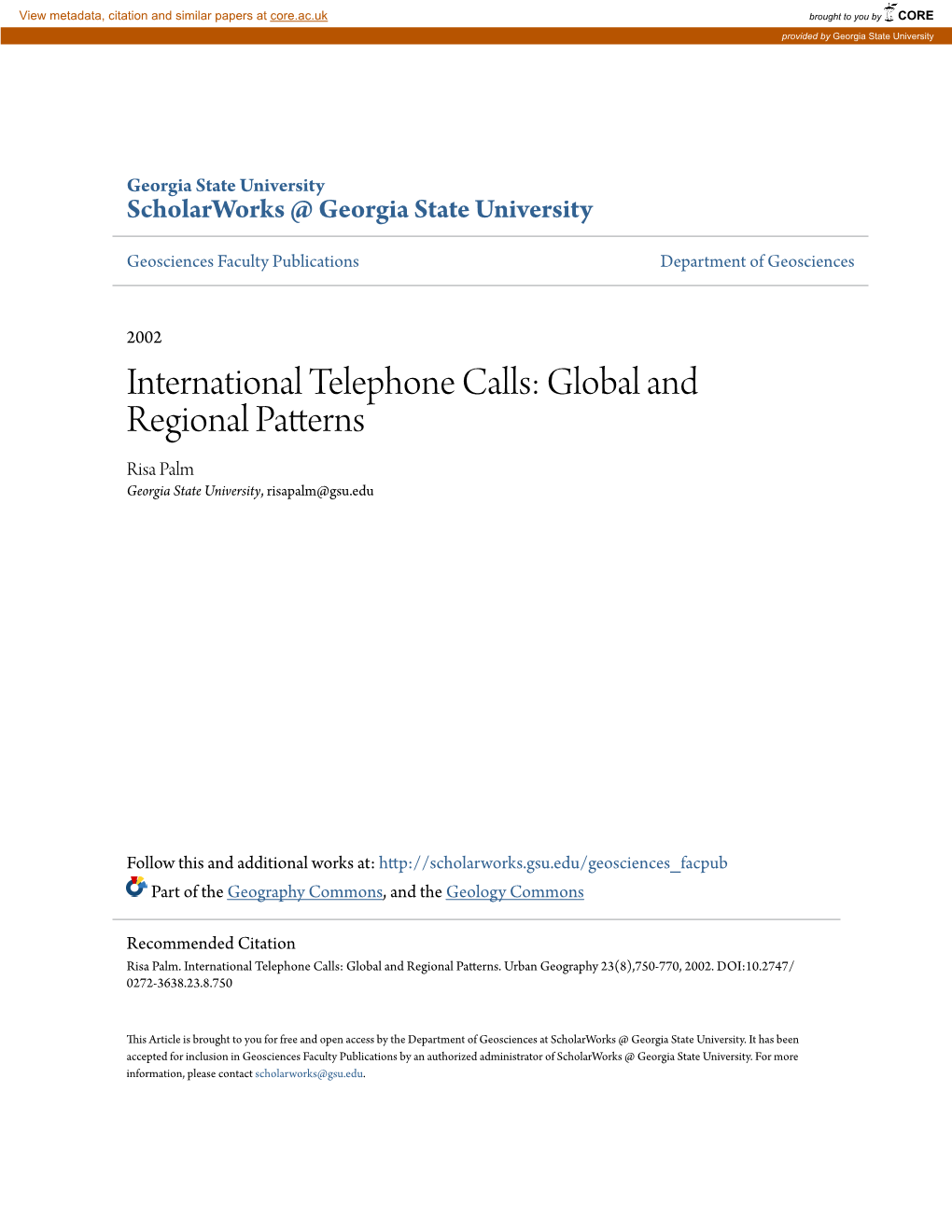 International Telephone Calls: Global and Regional Patterns Risa Palm Georgia State University, Risapalm@Gsu.Edu