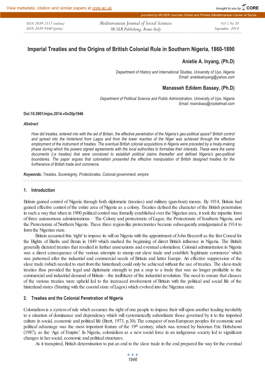 Imperial Treaties and the Origins of British Colonial Rule in Southern Nigeria, 1860-1890