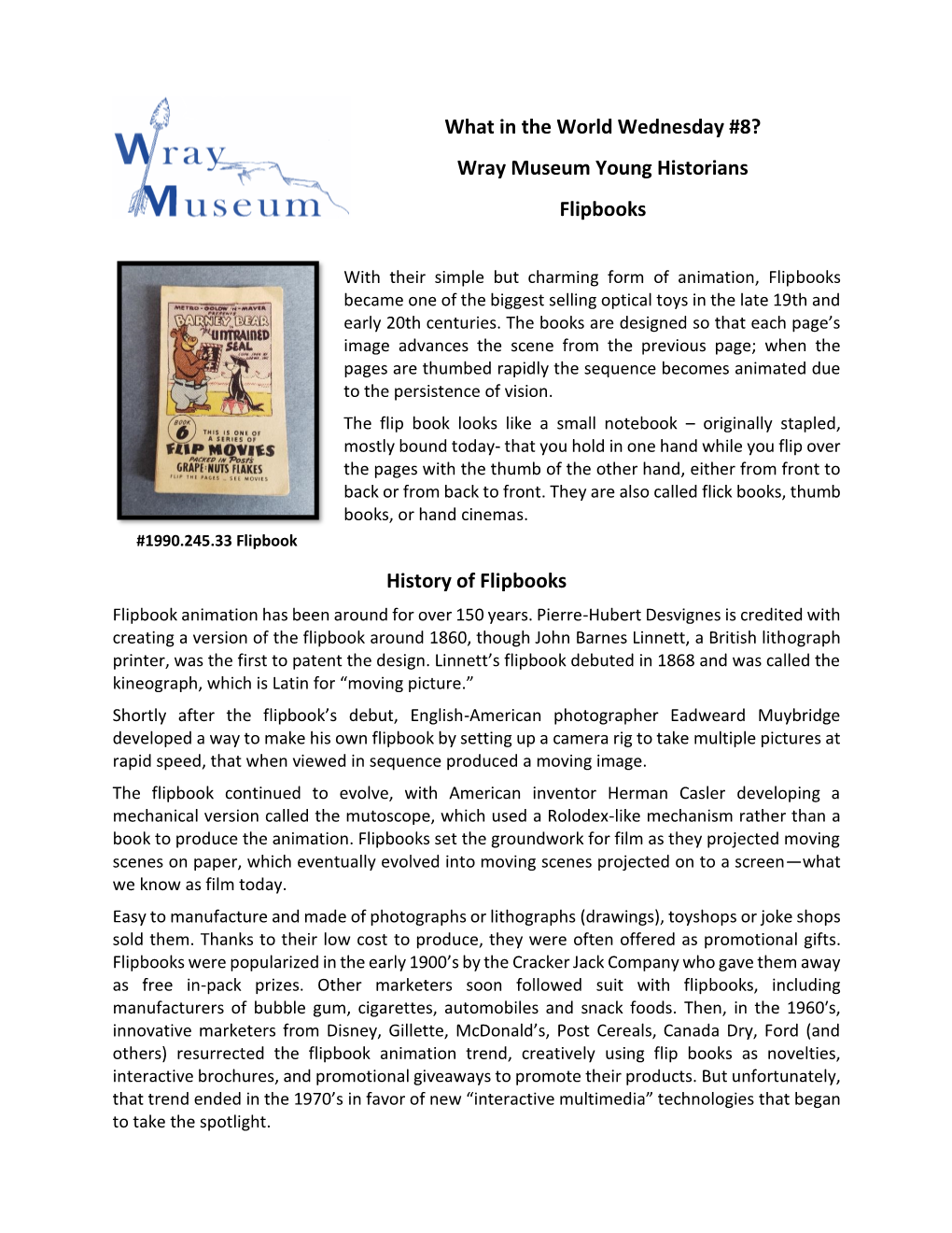 What in the World Wednesday #8? Wray Museum Young Historians Flipbooks