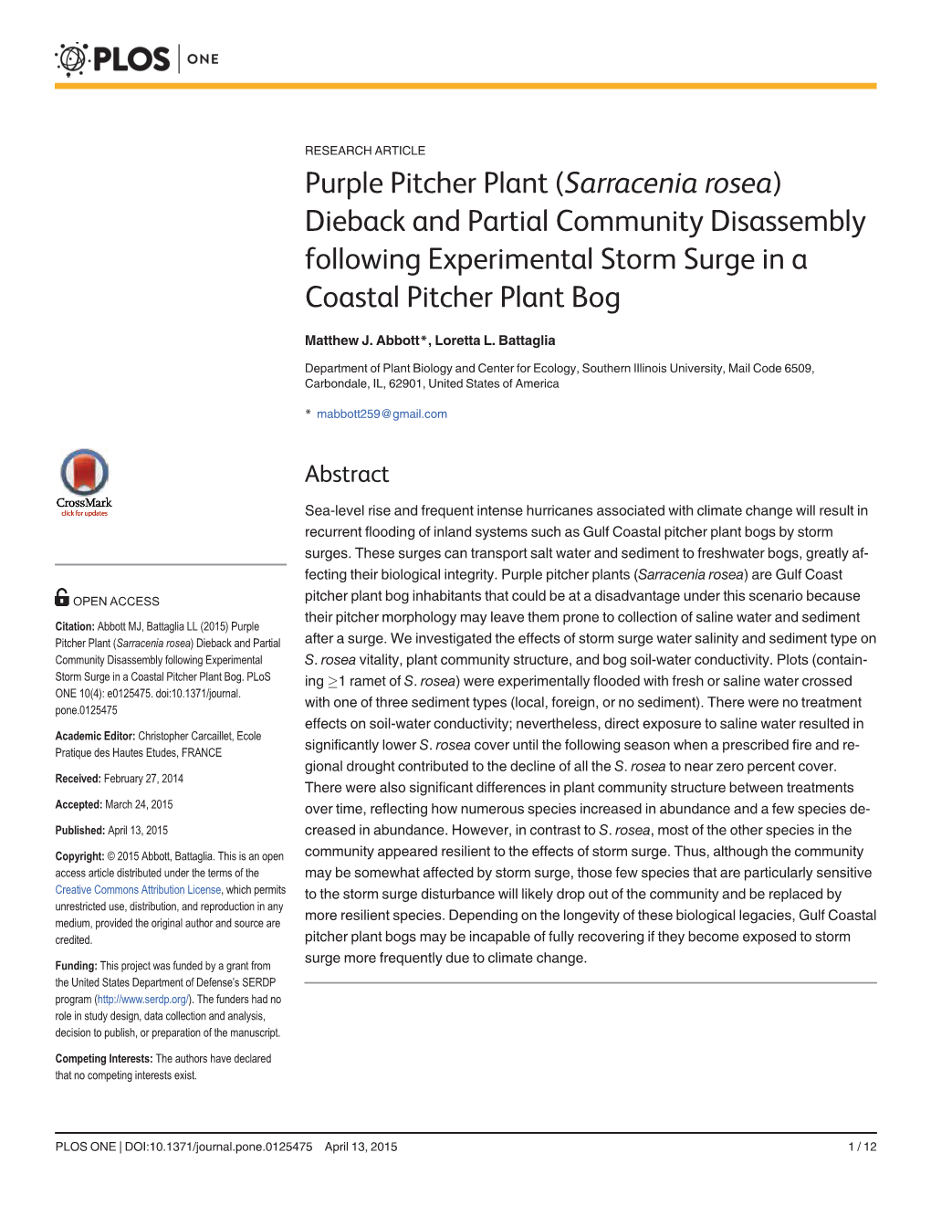 Purple Pitcher Plant (Sarracenia Rosea) Dieback and Partial Community Disassembly Following Experimental Storm Surge in a Coastal Pitcher Plant Bog