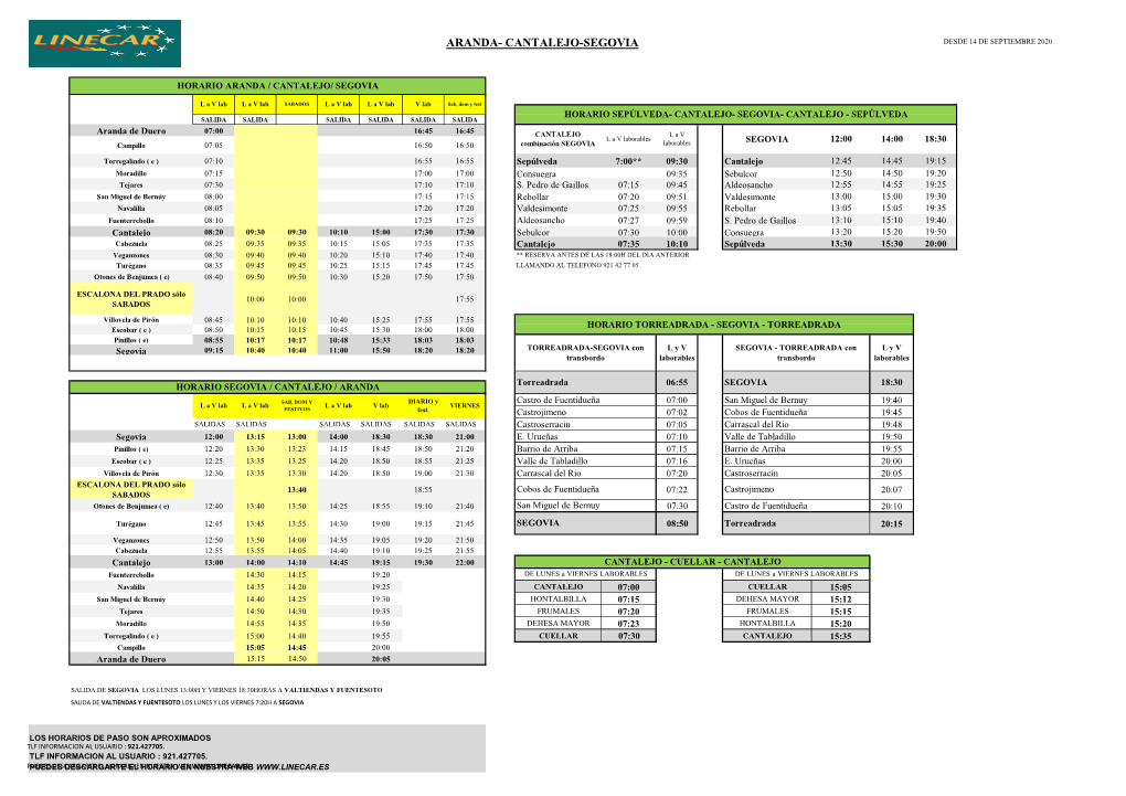 Aranda- Cantalejo-Segovia Desde 14 De Septiembre 2020