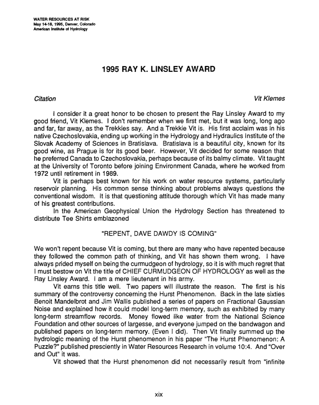 1995 Ray K. Linsley Award