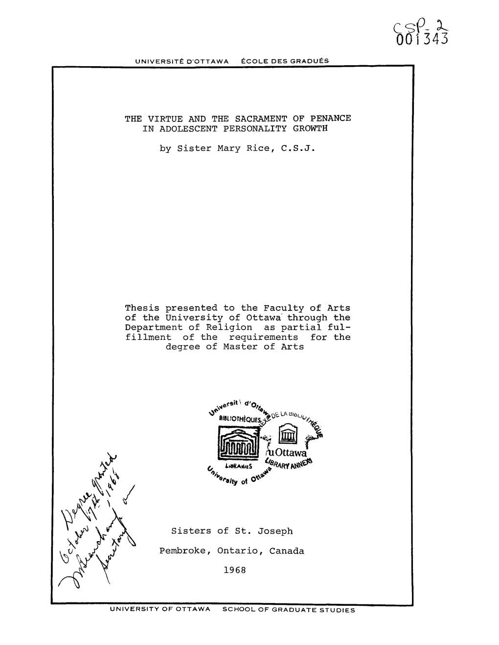 THE VIRTUE and the SACRAMENT of PENANCE in ADOLESCENT PERSONALITY GROWTH by Sister Mary Rice, C.S.J