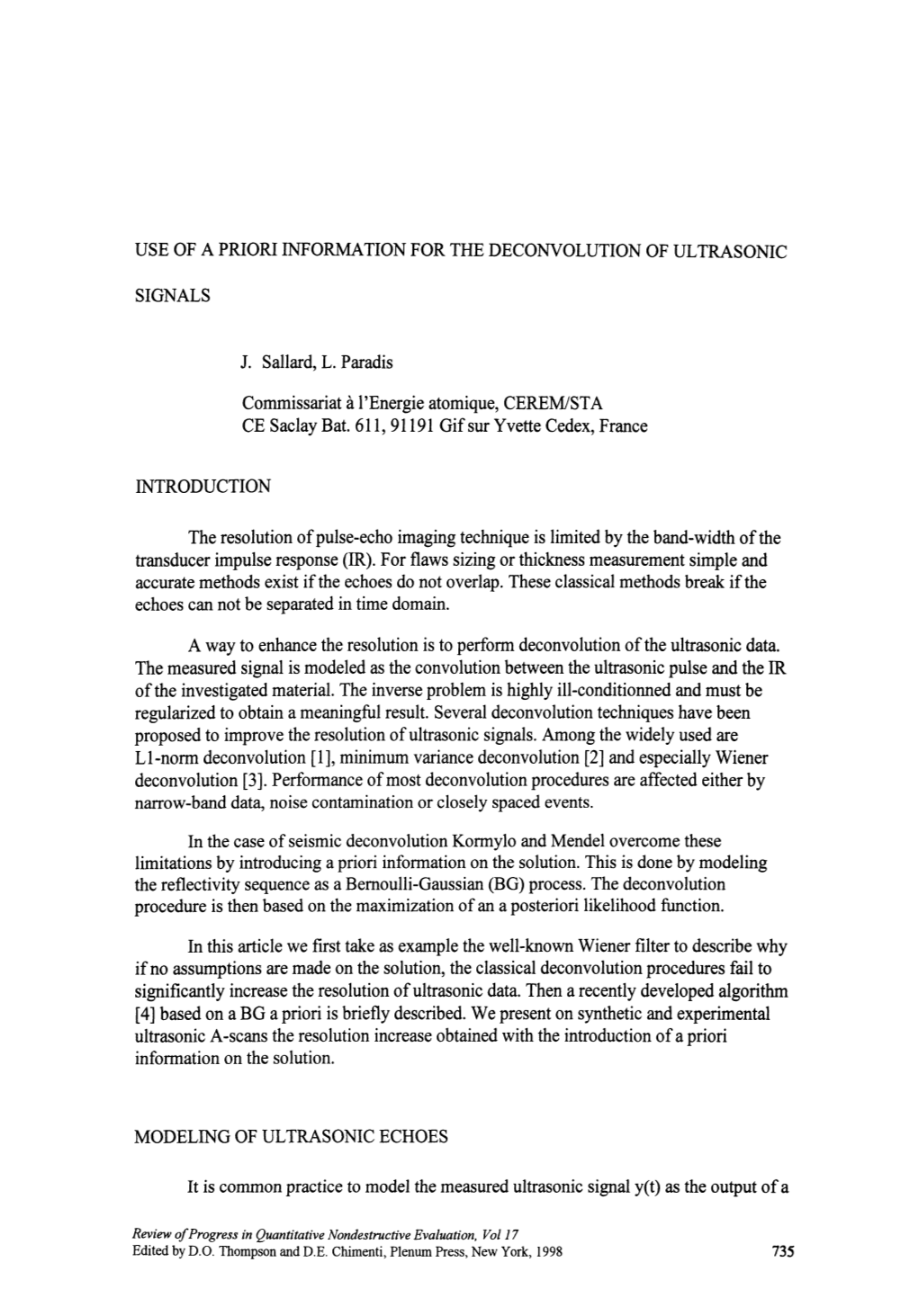 Use of a Priori Information for the Deconvolution of Ultrasonic Signals