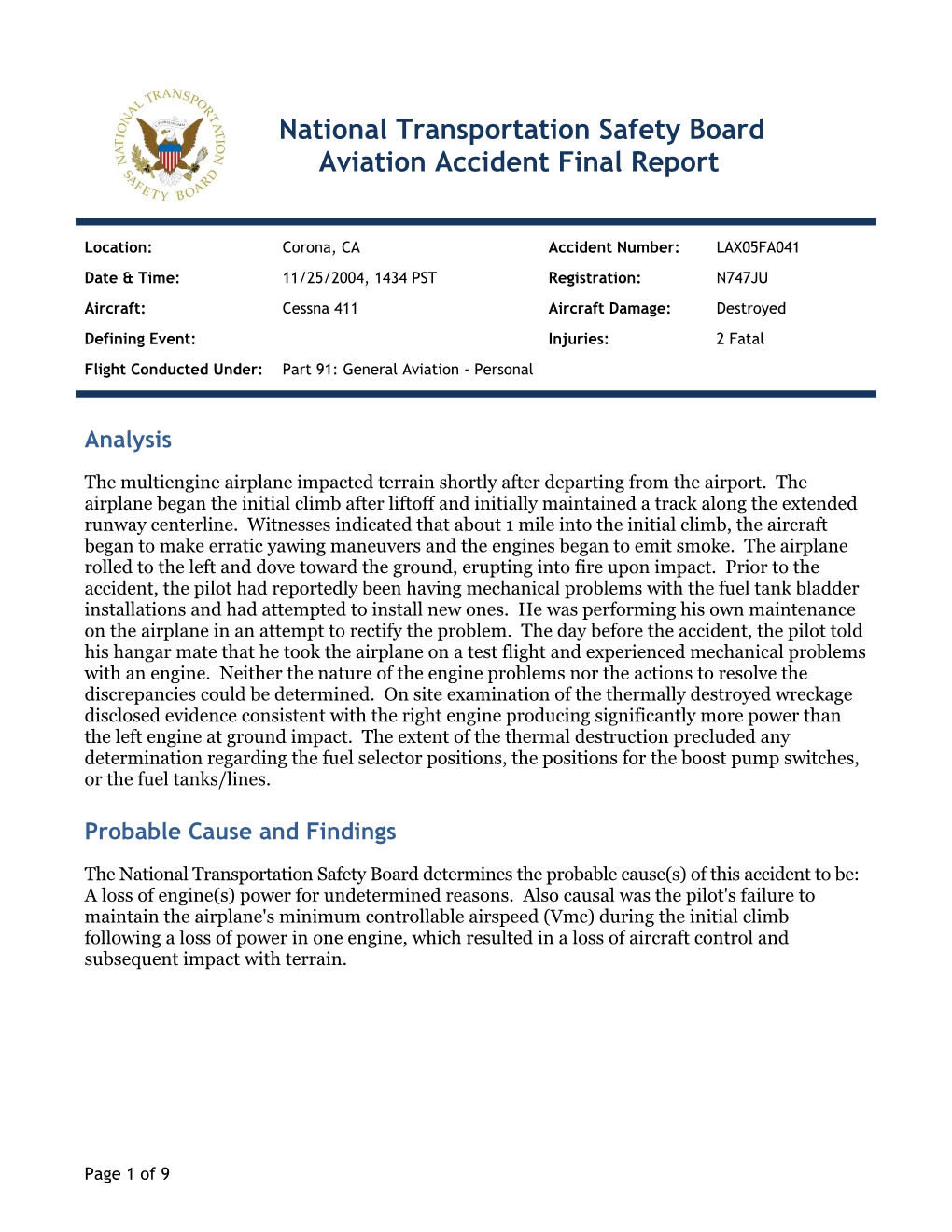 National Transportation Safety Board Aviation Accident Final Report