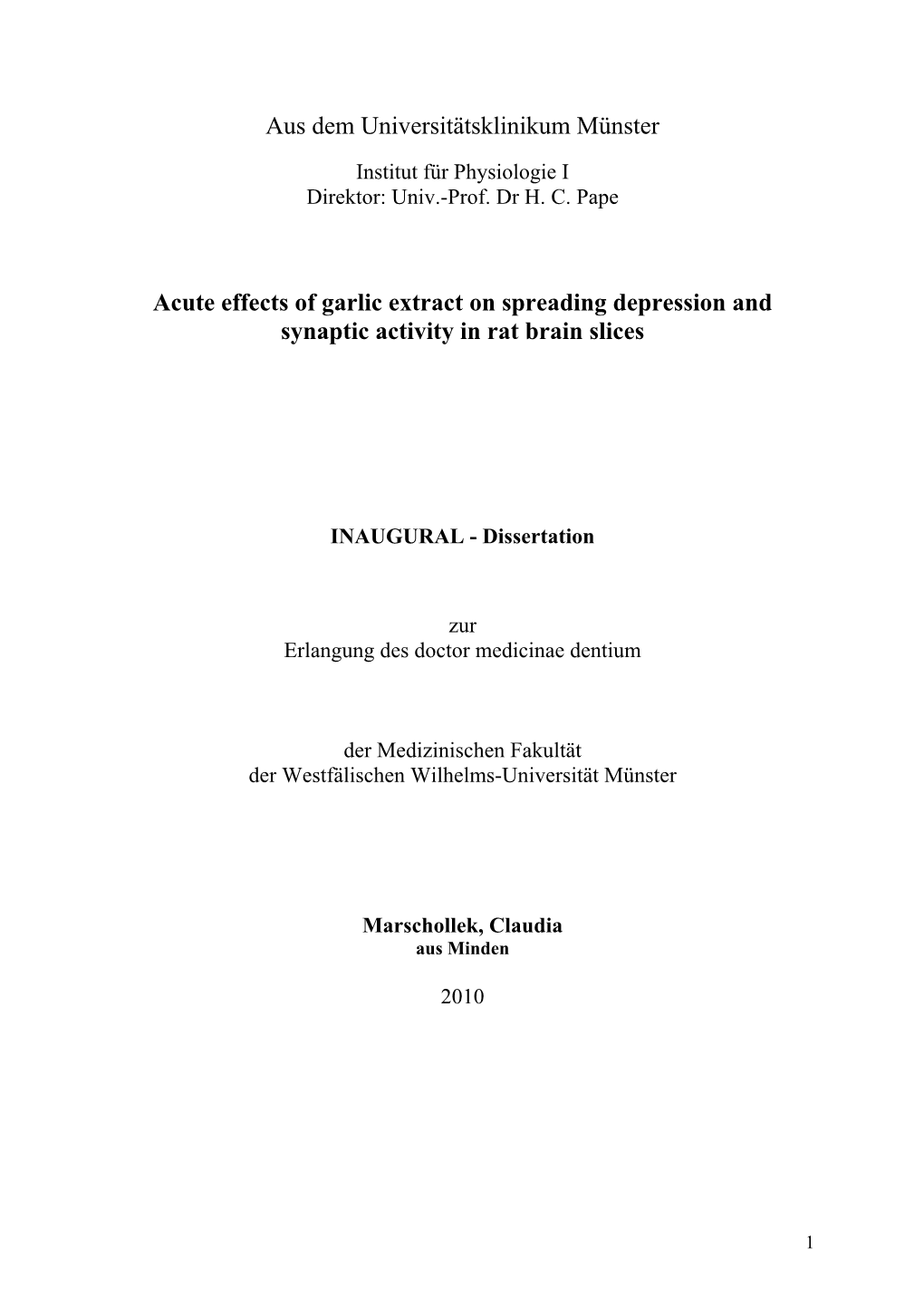 Aus Dem Universitätsklinikum Münster Acute Effects of Garlic Extract On