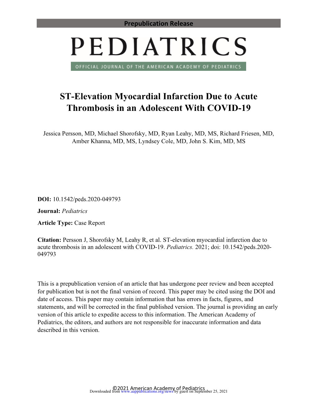 ST-Elevation Myocardial Infarction Due to Acute Thrombosis in an Adolescent with COVID-19