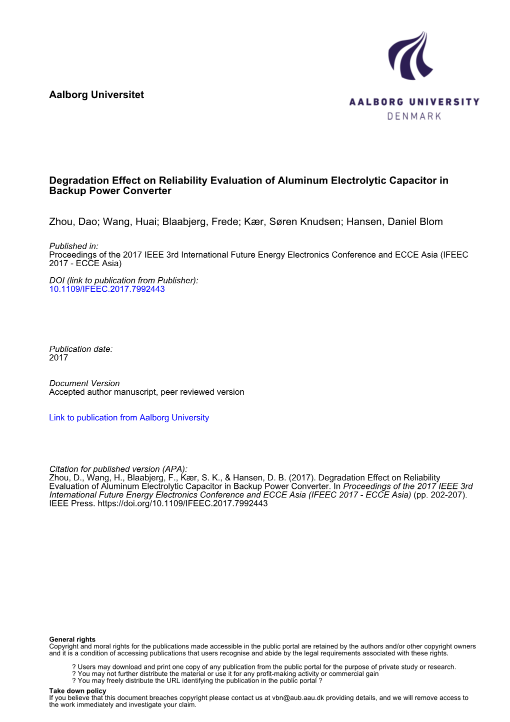 Degradation Effect on Reliability Evaluation of Aluminum Electrolytic Capacitor in Backup Power Converter