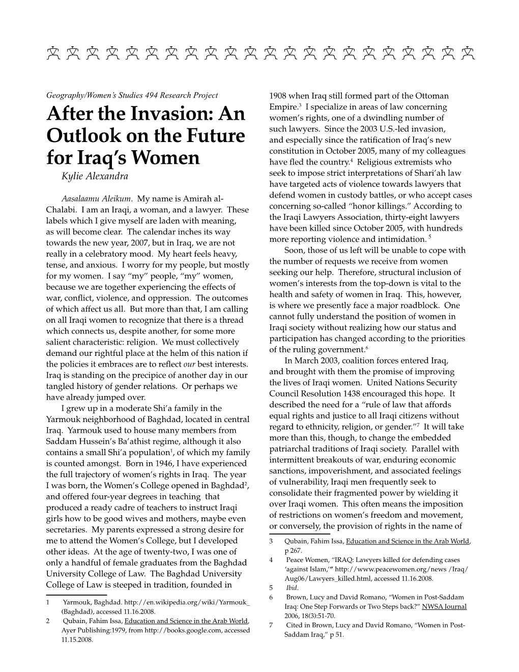 After the Invasion: an Outlook on the Future for Iraq's Women
