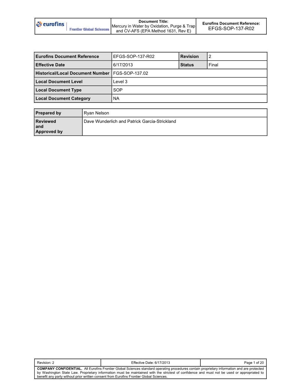 EFGS-SOP-137-R02 and CV-AFS (EPA Method 1631, Rev E)