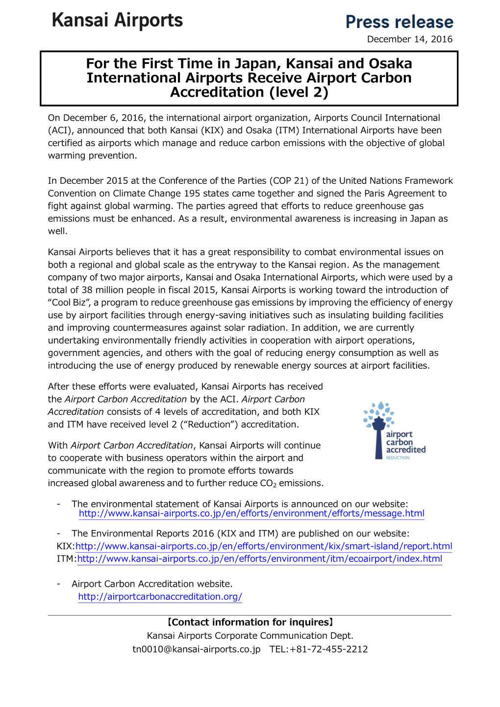 For the First Time in Japan, Kansai and Osaka International Airports Receive Airport Carbon Accreditation (Level 2)