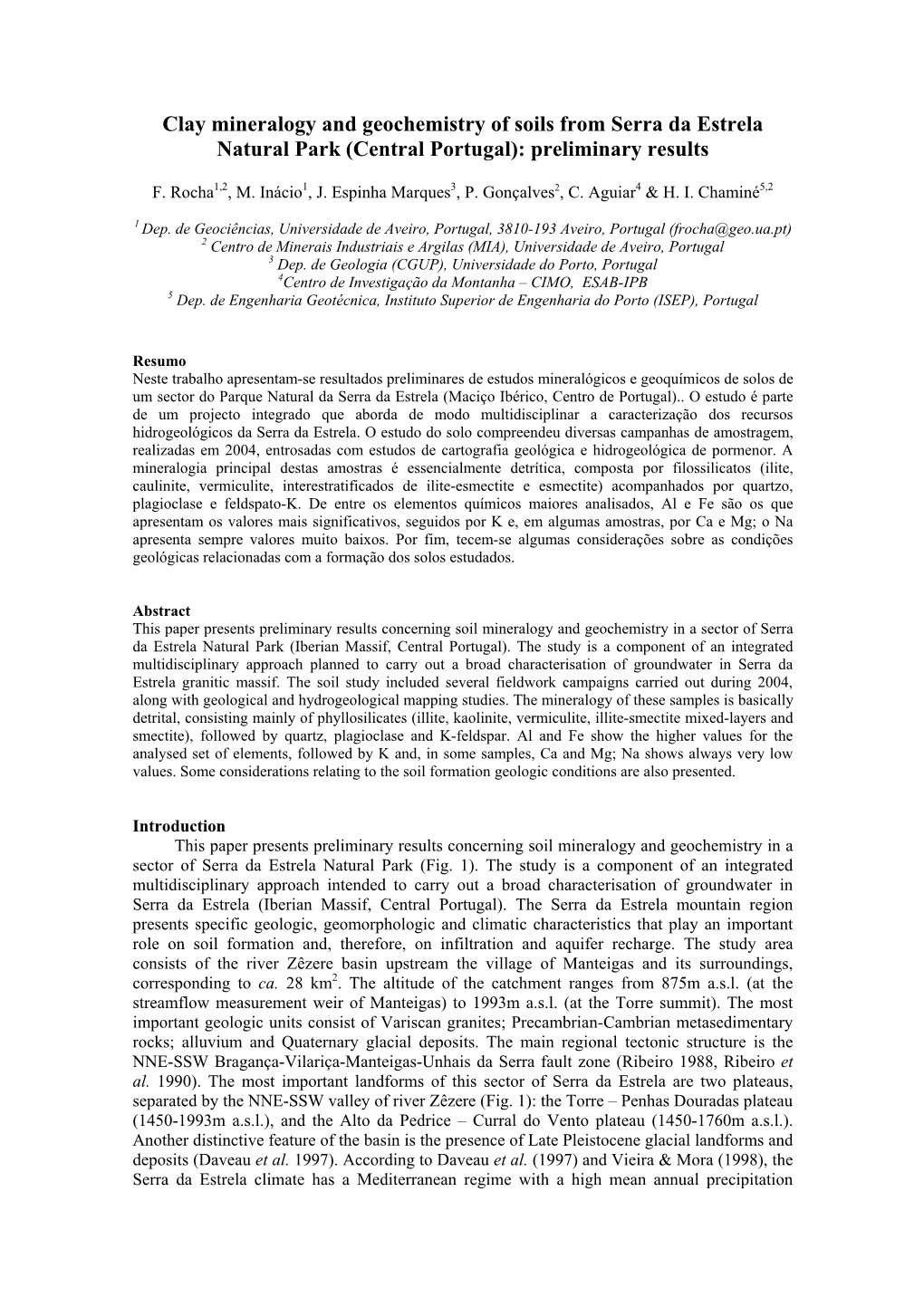 Clay Mineralogy and Geochemistry of Soils from Serra Da Estrela Natural Park (Central Portugal): Preliminary Results