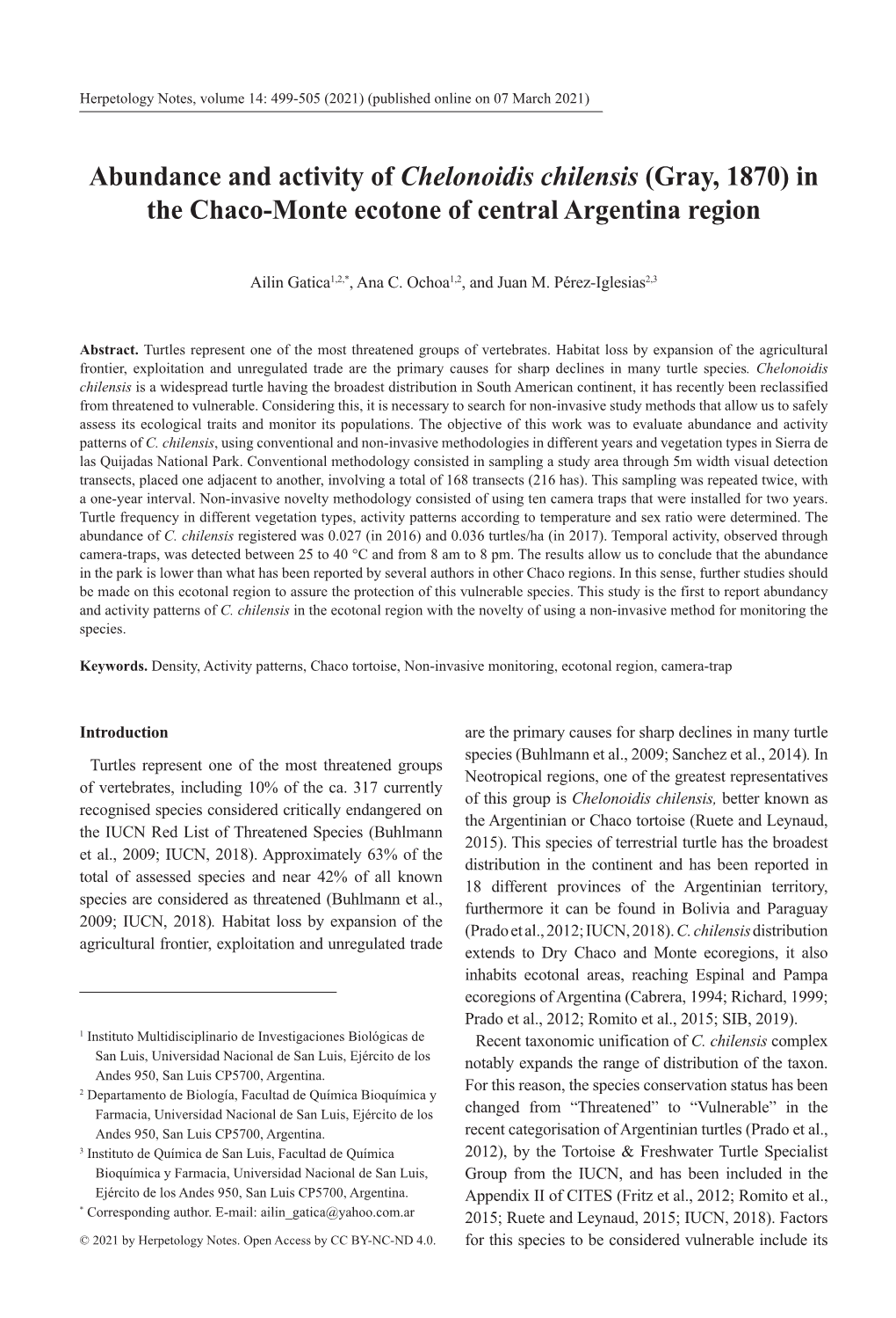 Abundance and Activity of Chelonoidis Chilensis (Gray, 1870) in the Chaco-Monte Ecotone of Central Argentina Region