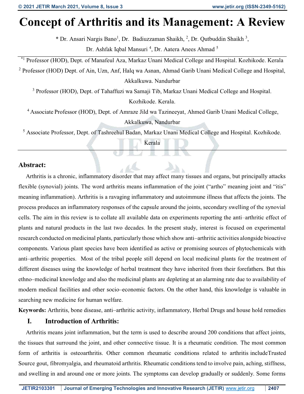 Concept of Arthritis and Its Management: a Review