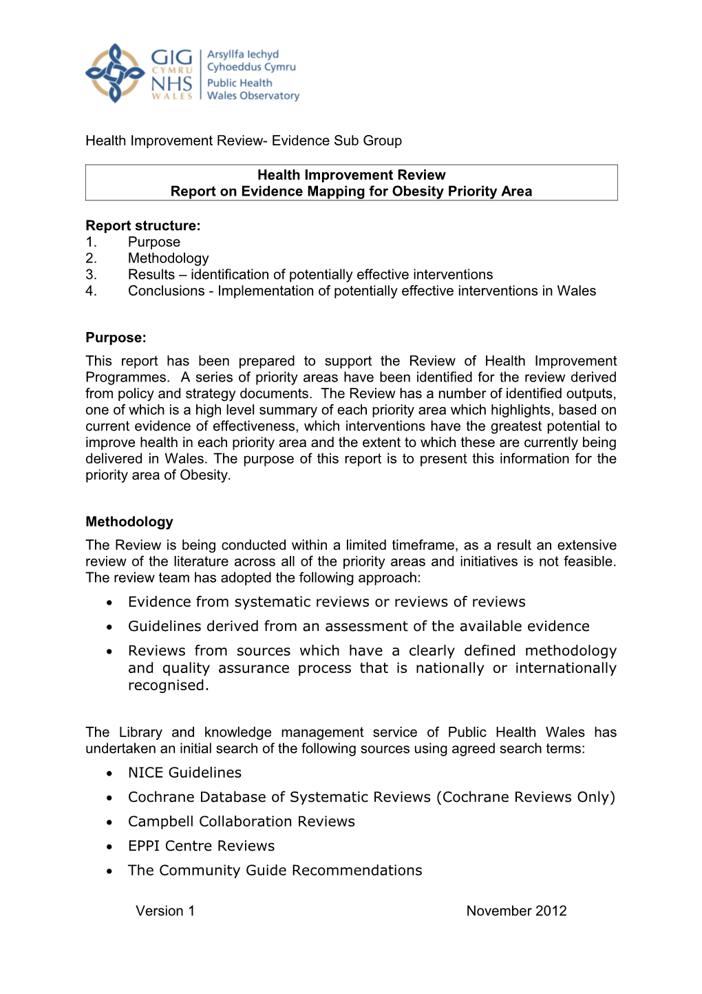 Report on Evidence Mapping for Obesity Priority Area