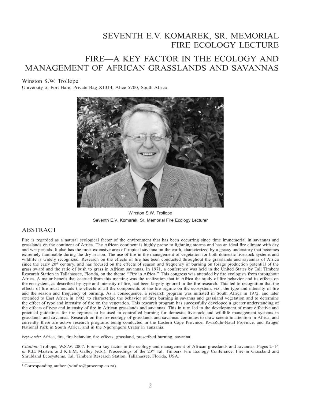 Seventh E.V. Komarek, Sr. Memorial Fire Ecology Lecture Fire—A Key Factor in the Ecology and Management of African Grasslands and Savannas