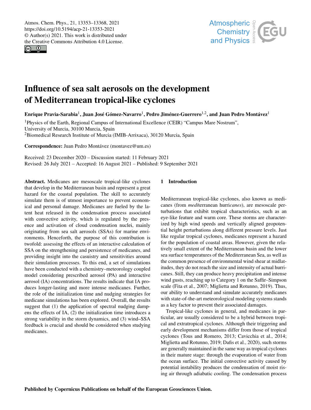 Influence of Sea Salt Aerosols on the Development of Mediterranean