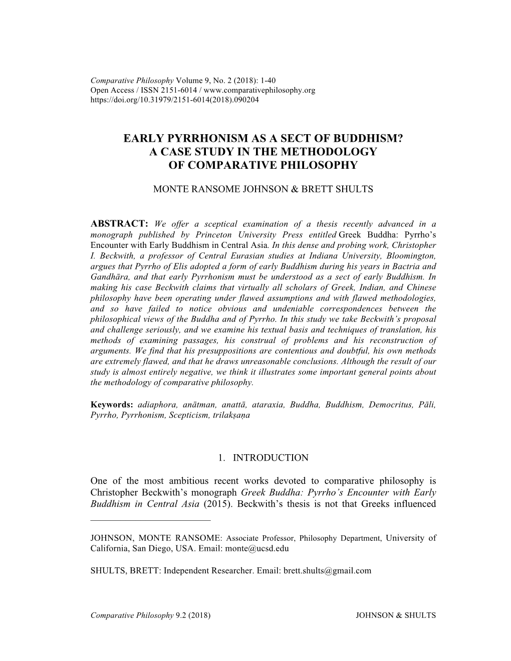 Early Pyrrhonism As a Sect of Buddhism? a Case Study in the Methodology of Comparative Philosophy