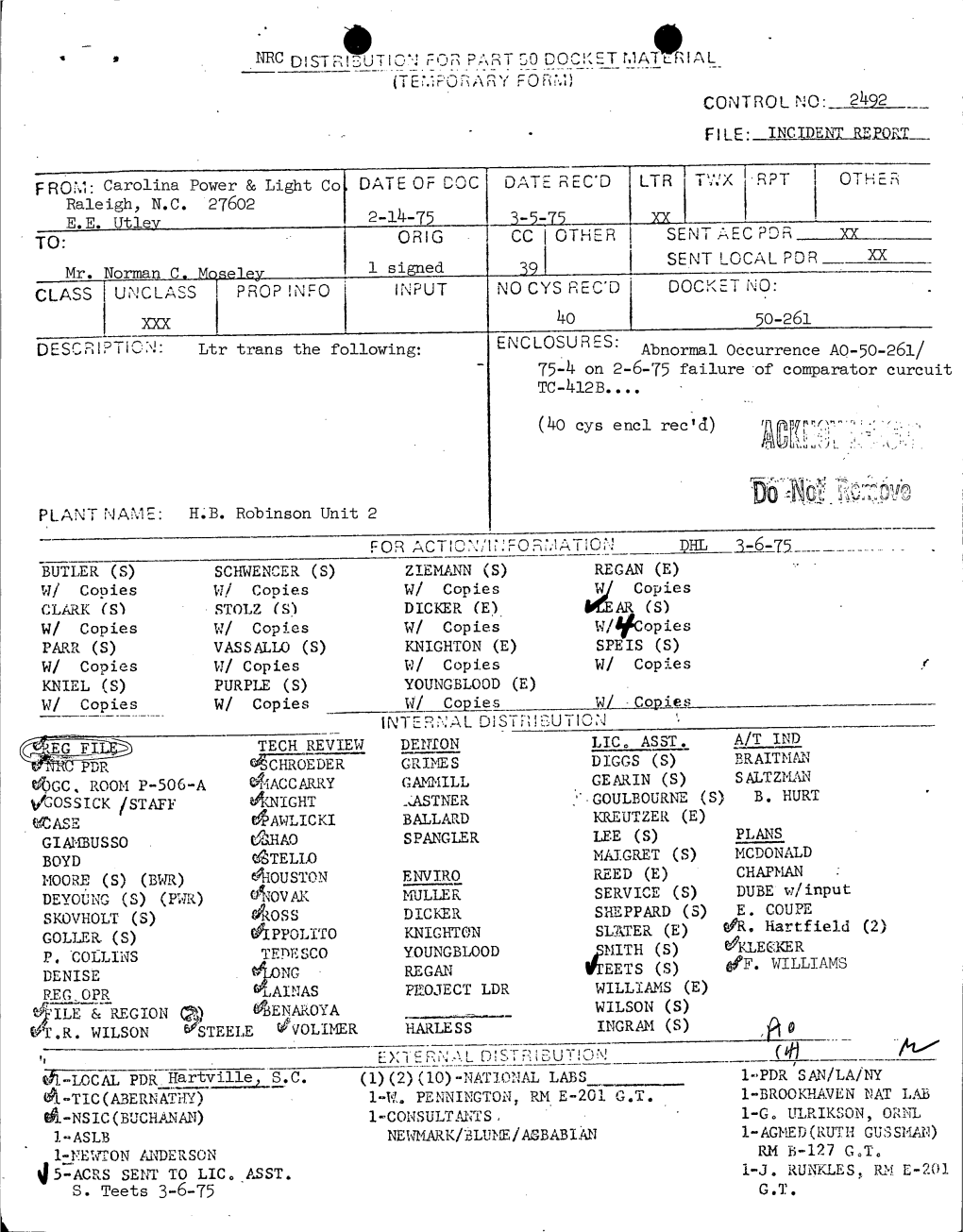 H. B. Robinson, Unit 2, Failure of Comparator Circuit TC-412B