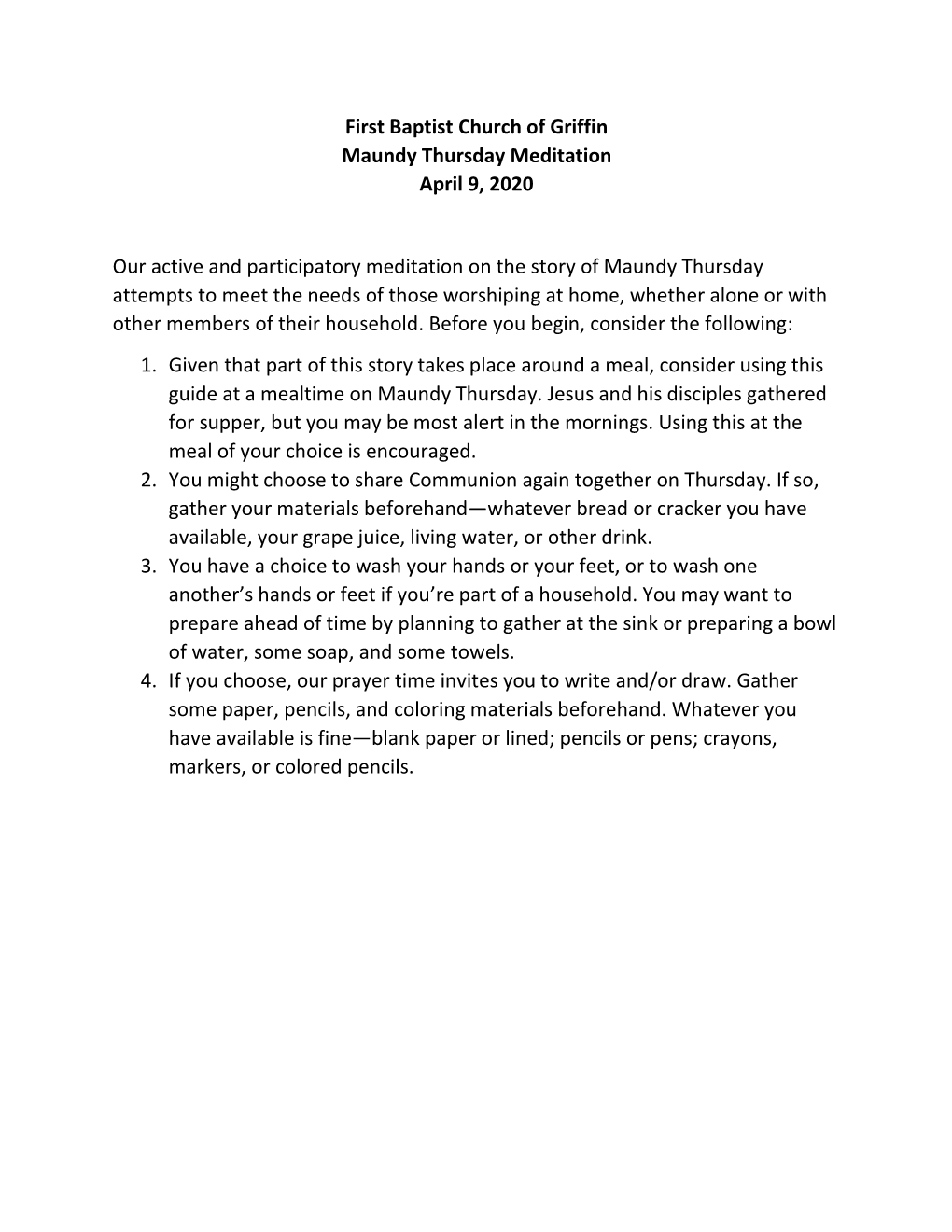 First Baptist Church of Griffin Maundy Thursday Meditation April 9, 2020