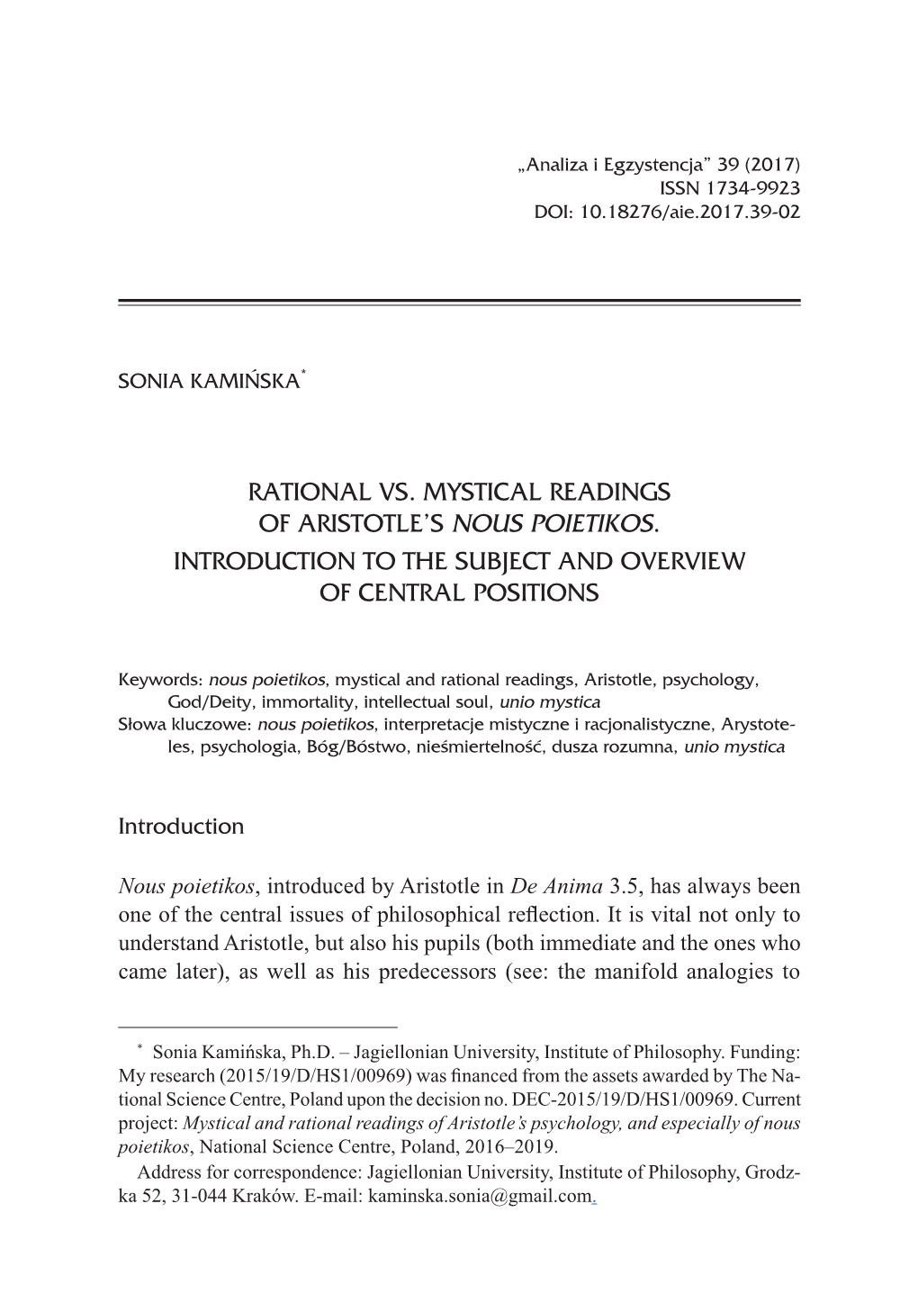 Rational Vs. Mystical Readings of Aristotle's Nous