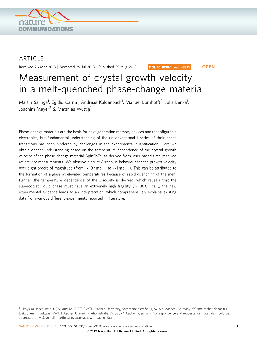 Measurement of Crystal Growth Velocity in a Melt-Quenched Phase-Change Material