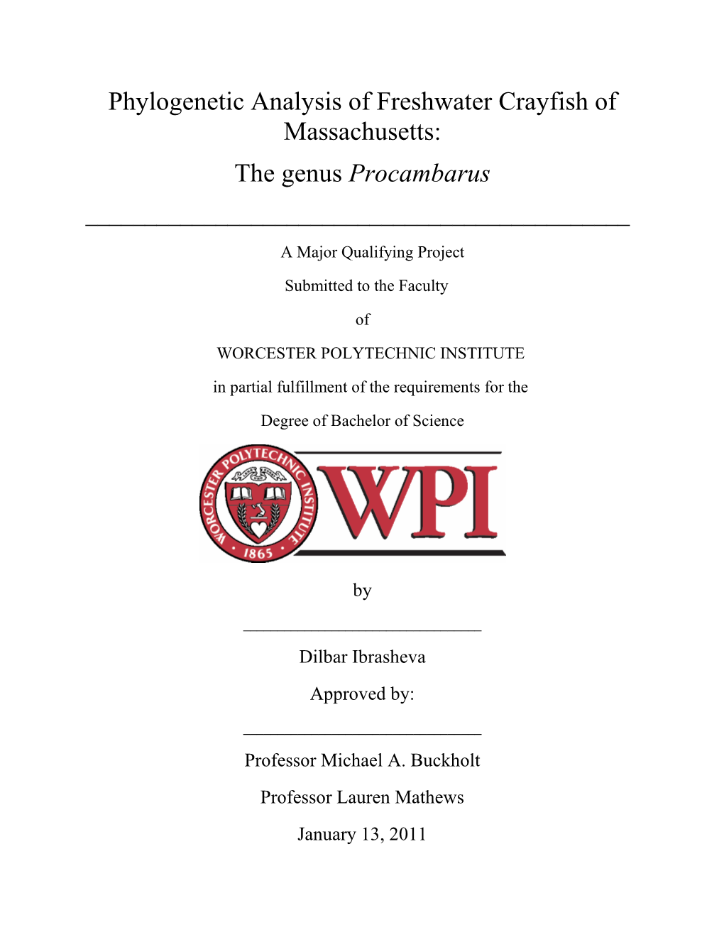 Phylogenetic Analysis of Freshwater Crayfish of Massachusetts: the Genus Procambarus ______