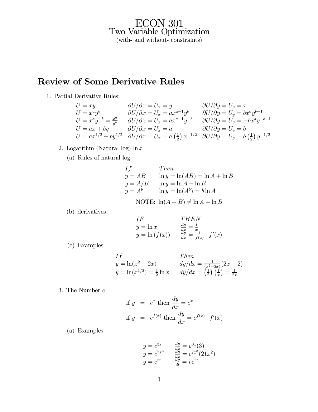 ECON 301 Two Variable Optimization (With- and Without- Constraints)