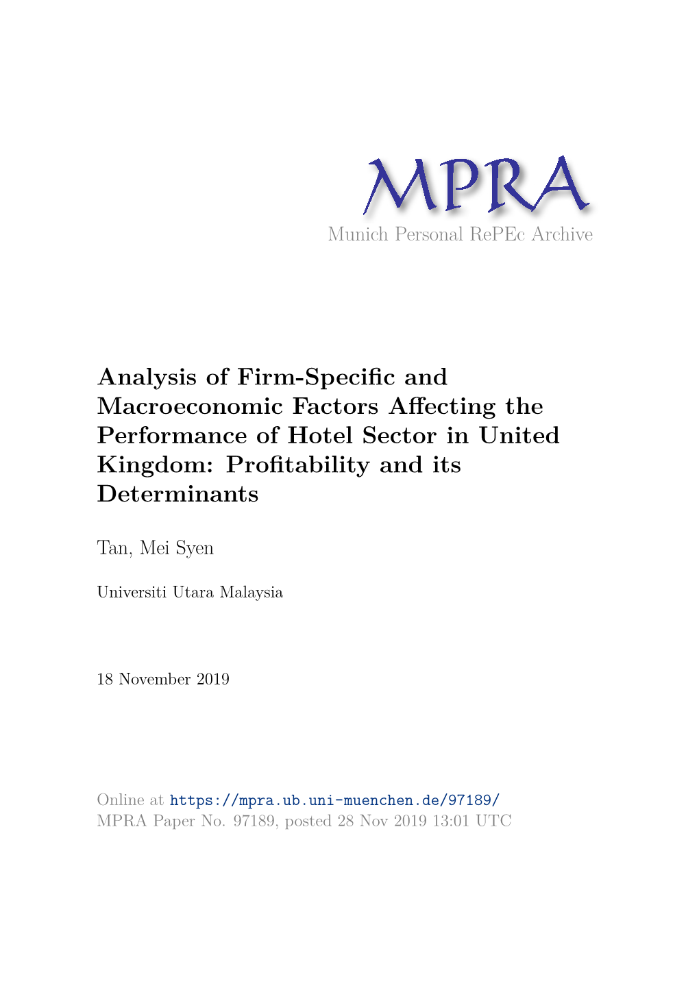 Analysis of Firm-Specific and Macroeconomic Factors Affecting the Performance of Hotel Sector in United Kingdom: Profitability and Its Determinants