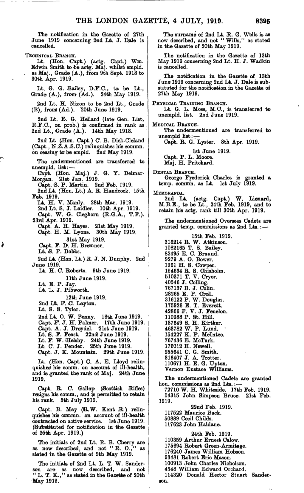 THE LONDON GAZETTE, 4 JULY, 1919. 8395 the Notification in the Gazette of 27Th the Surname of 2Nd Lt