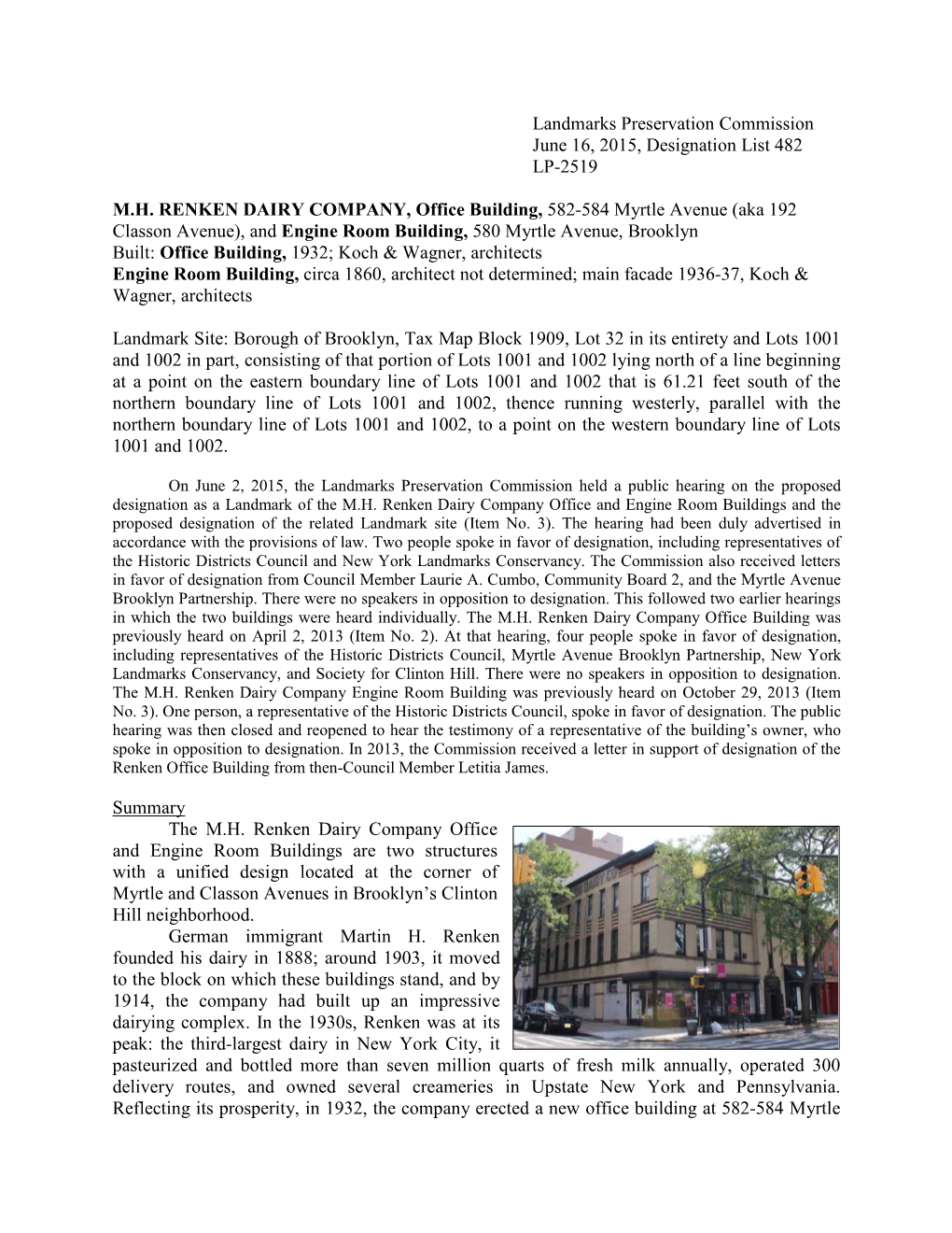 Landmarks Preservation Commission June 16, 2015, Designation List 482 LP-2519