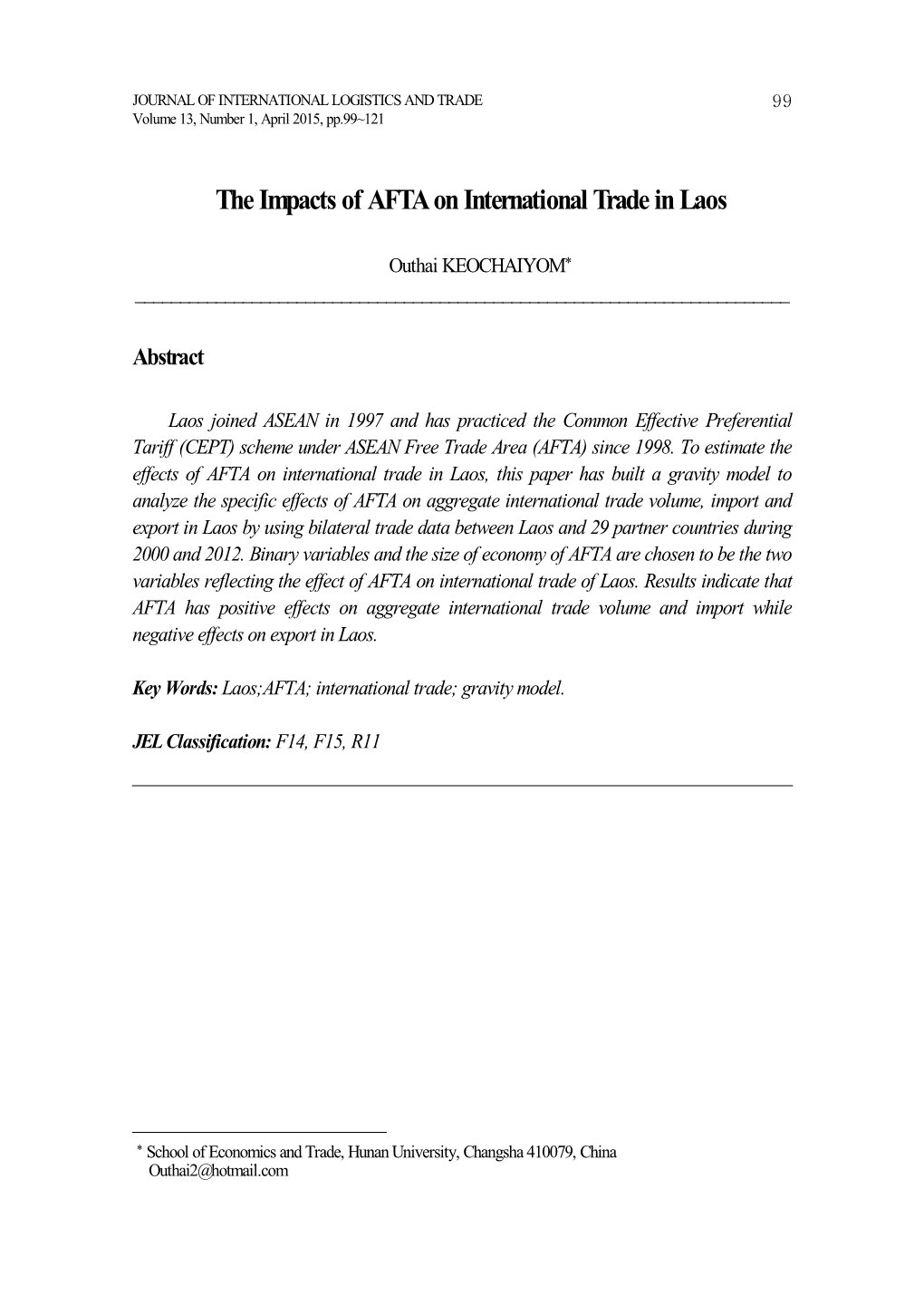 The Impacts of AFTA on International Trade in Laos